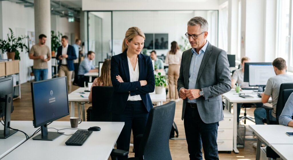 Fachkräftemangel im Büro: Personalverantwortliche im Gespräch mit einem erfahrenen Kollegen