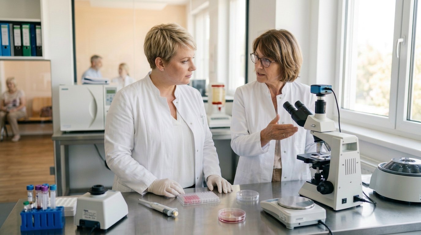 Zwei Ärztinnen arbeiten gemeinsam im Labor einer Arztpraxis