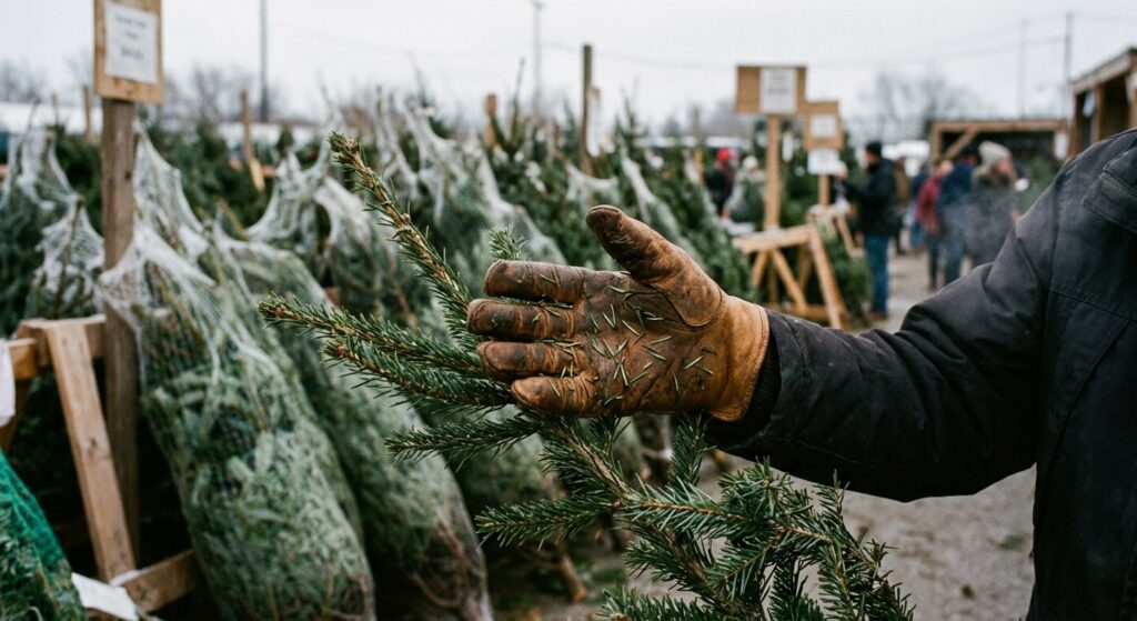 Behandschuhte Hand streicht gegen die Wuchsrichtung über einen Tannenzweig auf einem Verkaufsplatz, um beim Weihnachtsbaum kaufen die Frische zu prüfen.