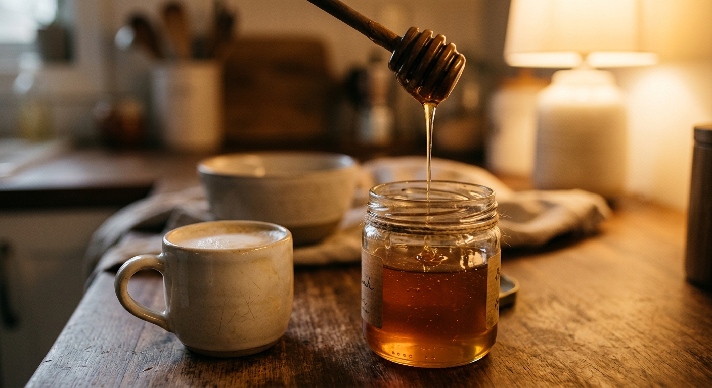 Honig läuft von einem hölzernen Honiglöffel in ein Glas, daneben eine Tasse warme Milch als Hausmittel bei Erkältung.