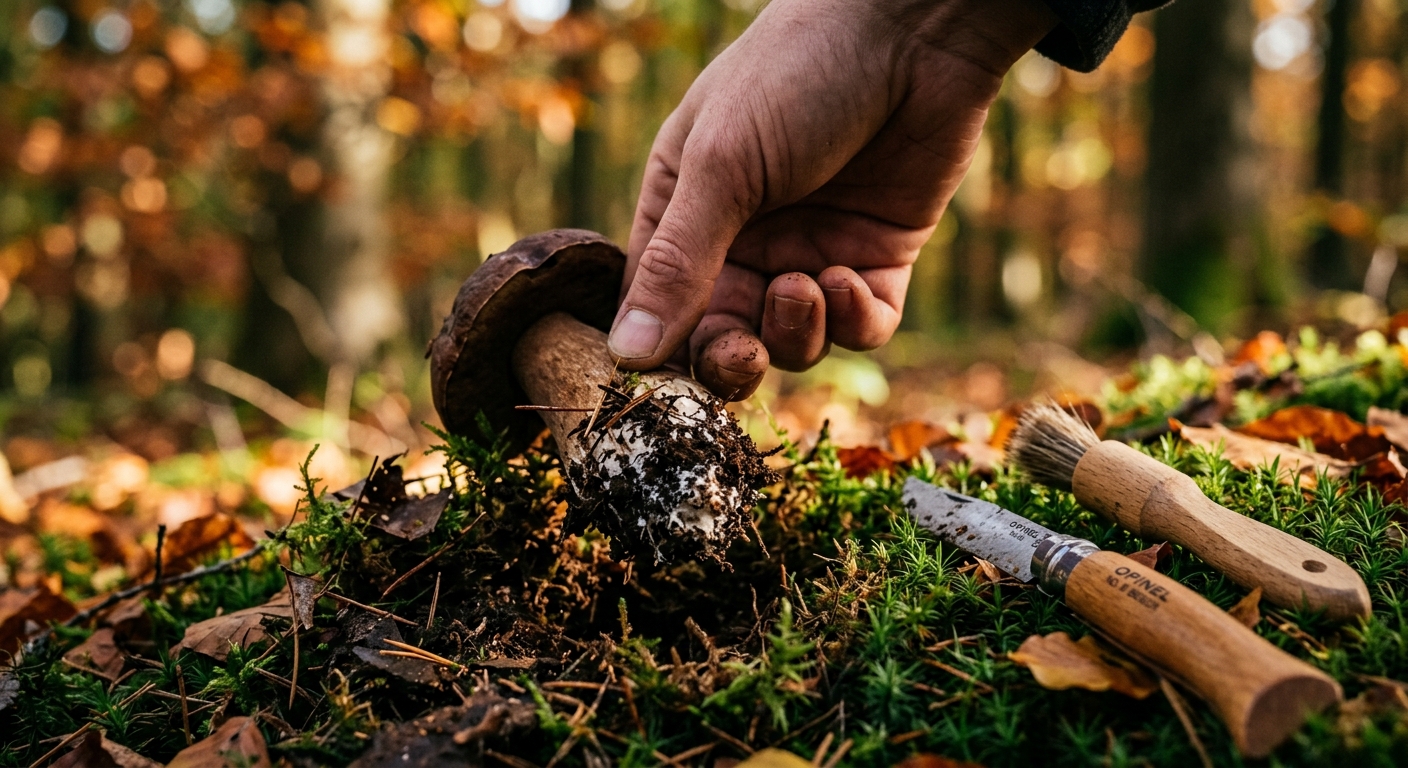 Hand dreht beim Pilze sammeln einen Pilz vorsichtig mit vollständiger Stielbasis aus dem Waldboden heraus