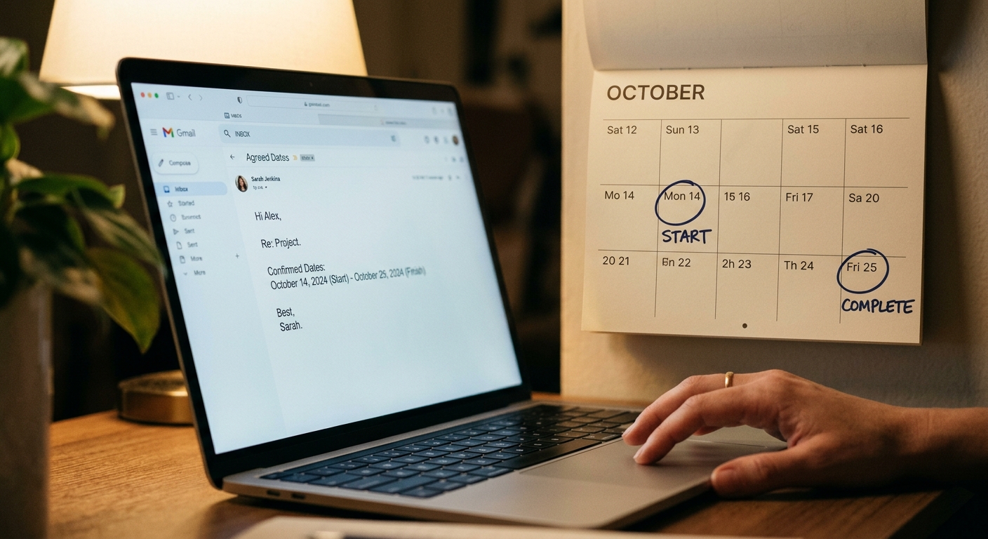 Laptop mit einer E-Mail zur Terminbestätigung, daneben ein Kalender mit markierten Daten