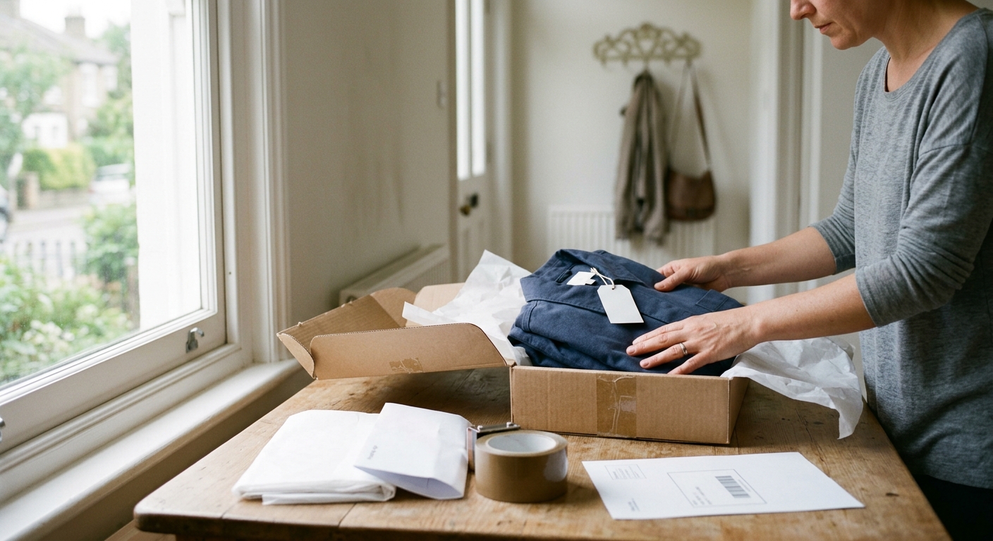 Person packt eine Jacke mit noch angehängten Etiketten für die Rücksendung in den Originalkarton