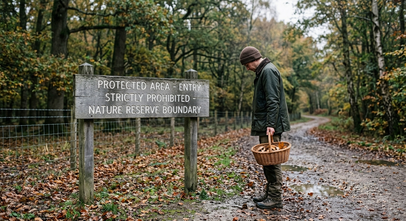 Person mit Sammelkorb liest ein Hinweisschild zum Schutzgebiet an einem Waldweg