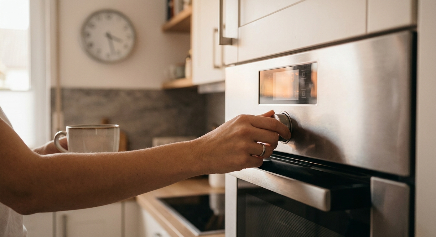 Hand stellt die Uhr am Einbaubackofen in einer Küche zurück bei der Zeitumstellung auf Winterzeit, im Hintergrund eine Wanduhr und eine Teetasse