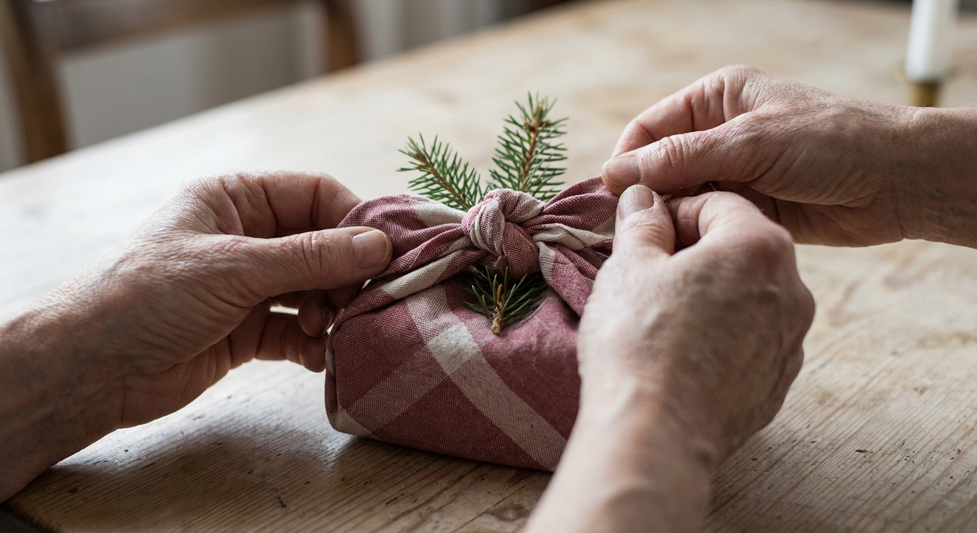Hände verknoten die Ecken eines Baumwolltuchs um ein Geschenk, unter dem Knoten steckt ein kleiner Tannenzweig