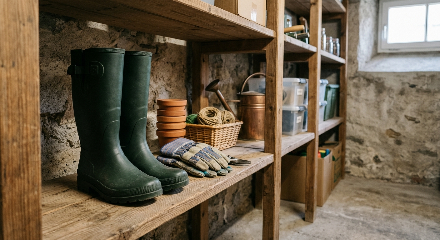 Saubere Gummistiefel stehen aufrecht in einem Kellerregal
