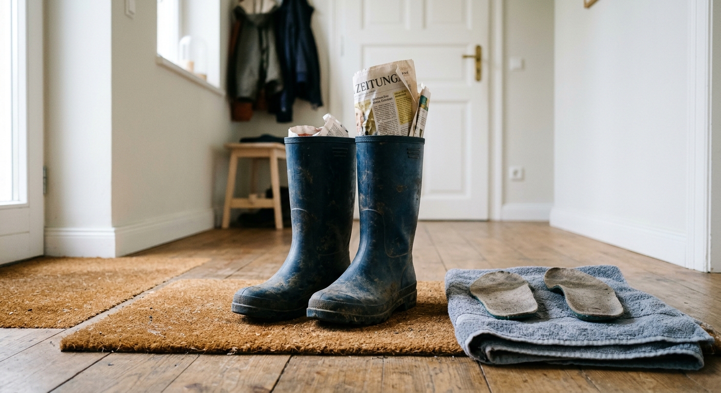 Gummistiefel trocknen im Flur mit Zeitungspapier im Schaft