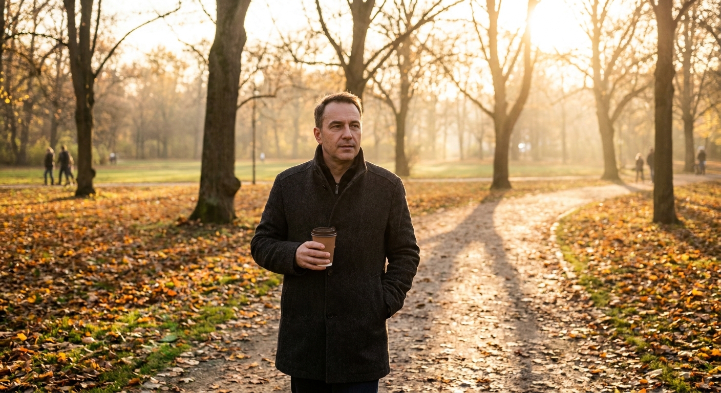 Mann im Mantel geht an einem Herbstmorgen über einen laubbedeckten Parkweg, die Sonne steht tief