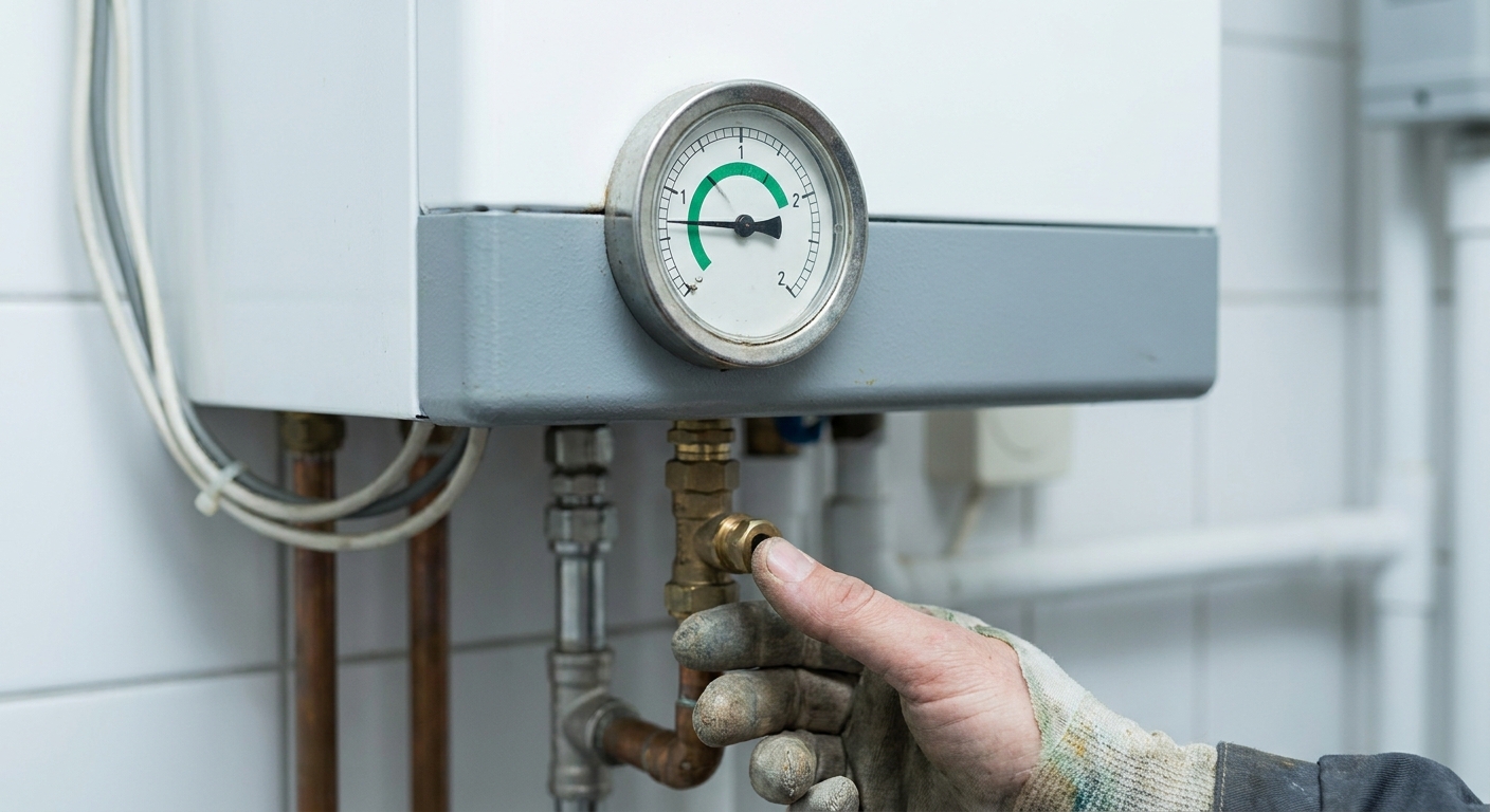 Analoges Manometer an einem Heizkessel, die Nadel steht im grünen Bereich, darunter greift eine Hand zum Füllhahn