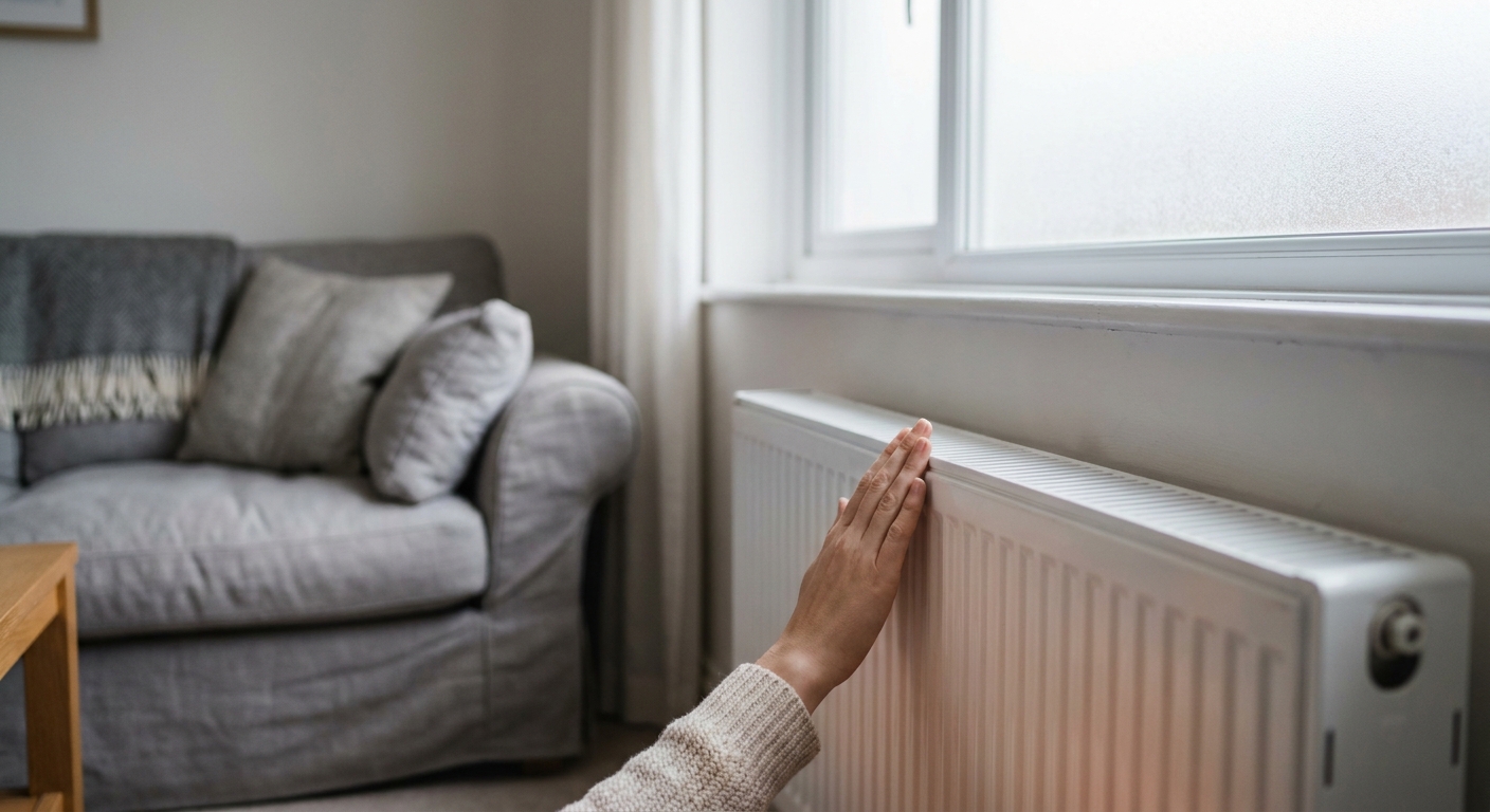 Hand liegt auf der oberen Hälfte eines weißen Heizkörpers unter einem Fenster, um zu prüfen, ob der Heizkörper entlüftet werden muss, im Hintergrund ein Sofa