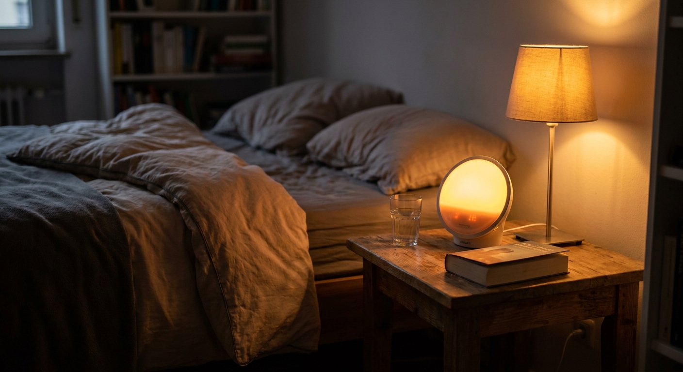 Nachttisch mit Lichtwecker, Buch und Wasserglas, die Nachttischlampe brennt, die Bettdecke ist zurückgeschlagen