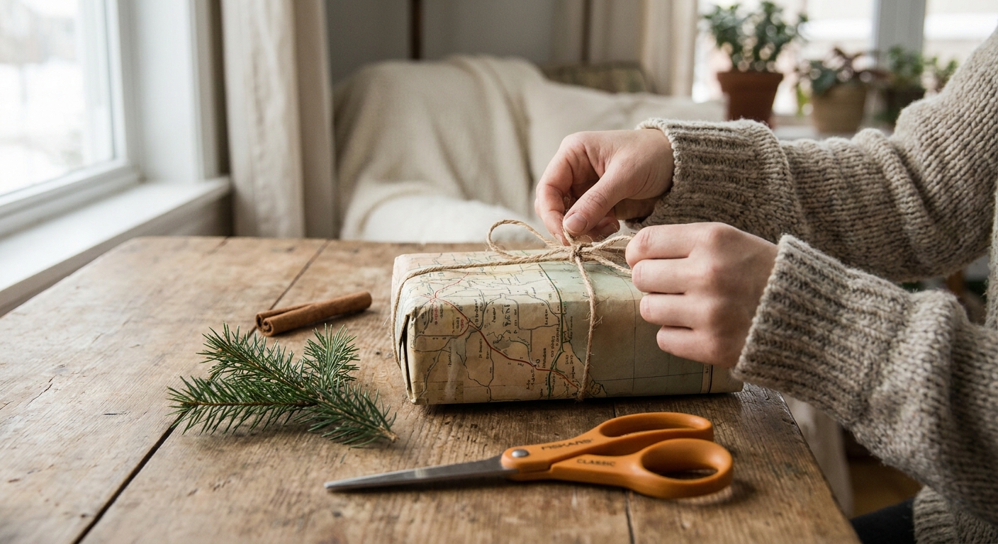 Hände packen ein Geschenk in eine alte Landkarte und binden eine Jutekordel darum, daneben Tannenzweig und Schere, um Geschenke zu verpacken ohne Müll